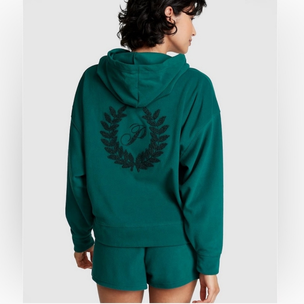 PINK Victoria's Secret Hoodie Sleepware XL Green Embroidered Fleece